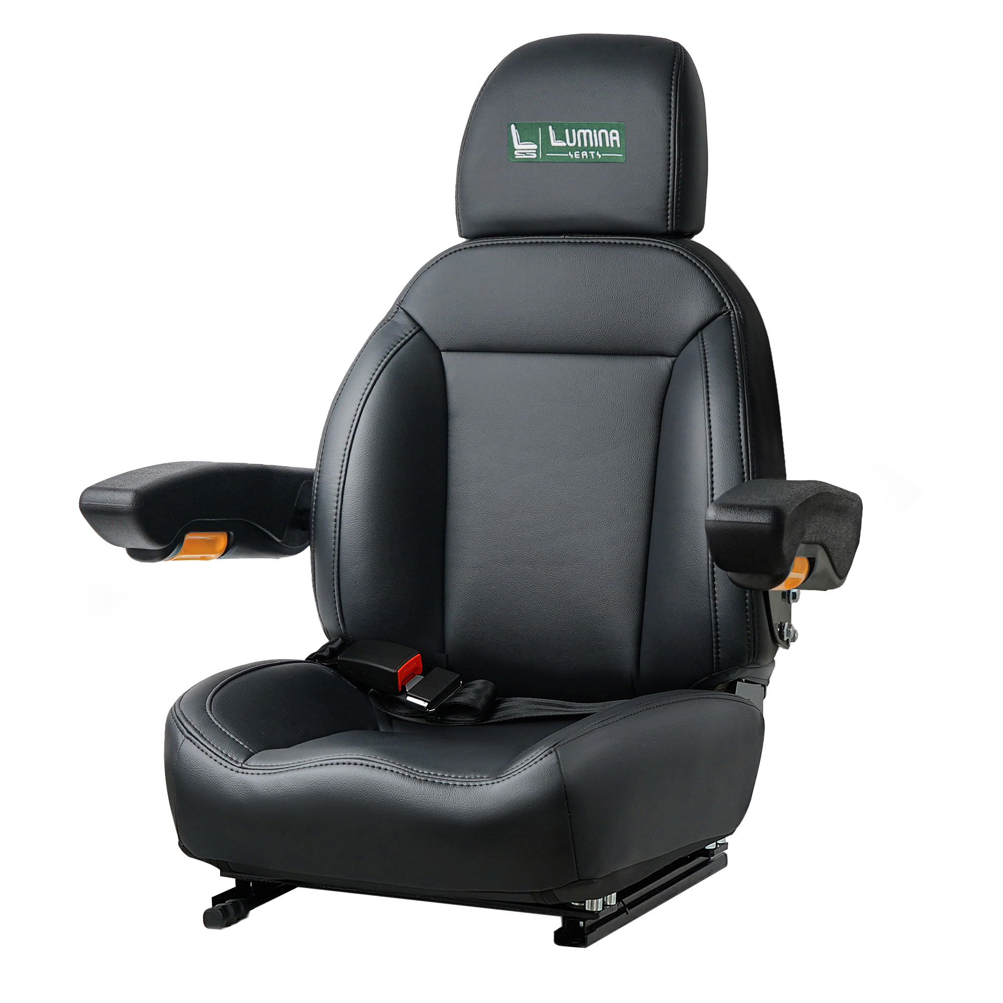 Lumina universal forklift and tractor seat with adjustable backrest, headrest, armrests, and retractable seat belt
