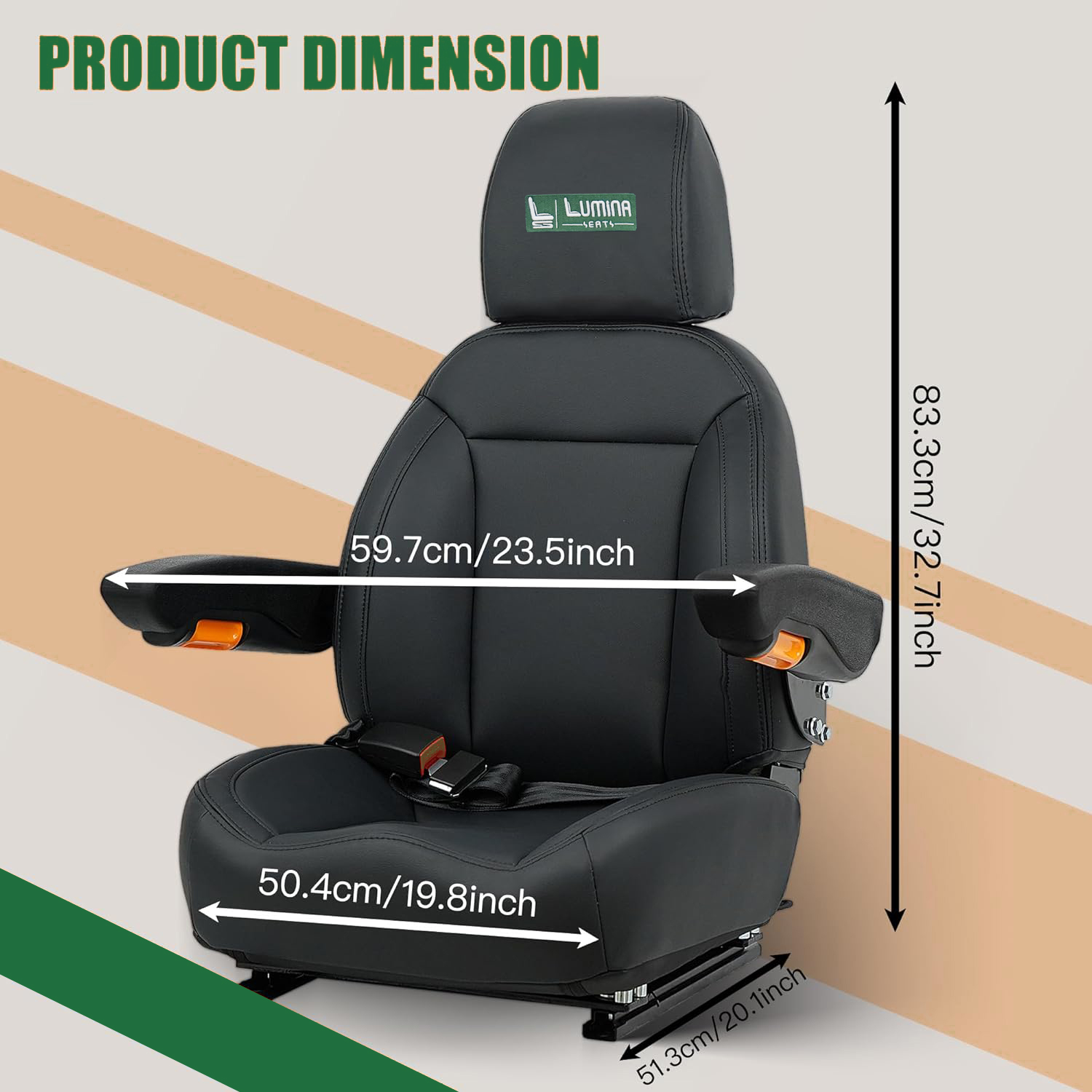 Lumina universal forklift and tractor seat dimensions including adjustable headrest and armrests