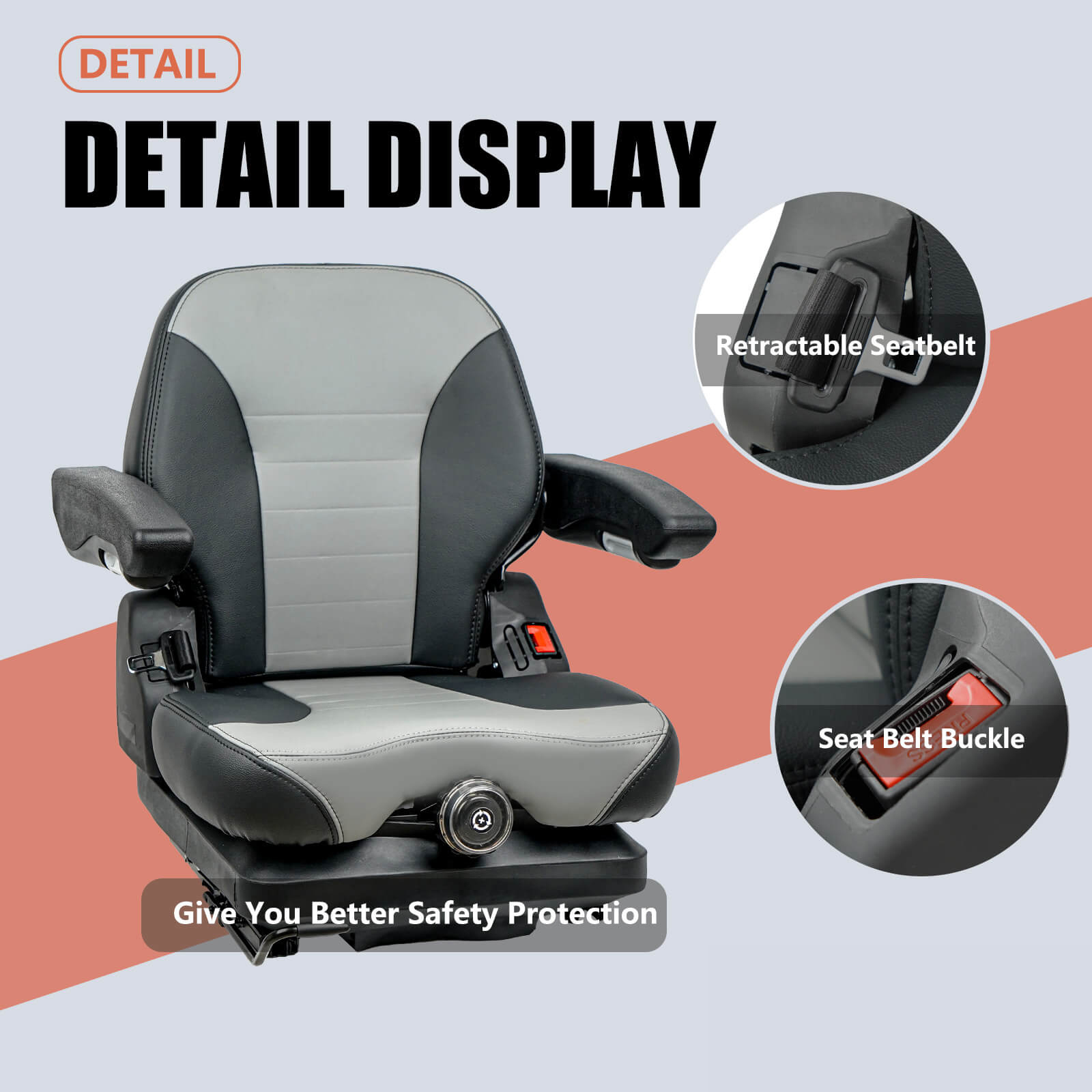 Lumina tractor suspension seat with retractable seat belt and secure buckle system for operator safety