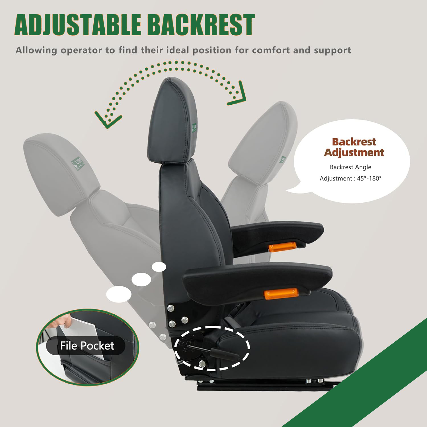 Universal forklift seat showing adjustable 6-inch forward/backward slide rail and foldable backrest