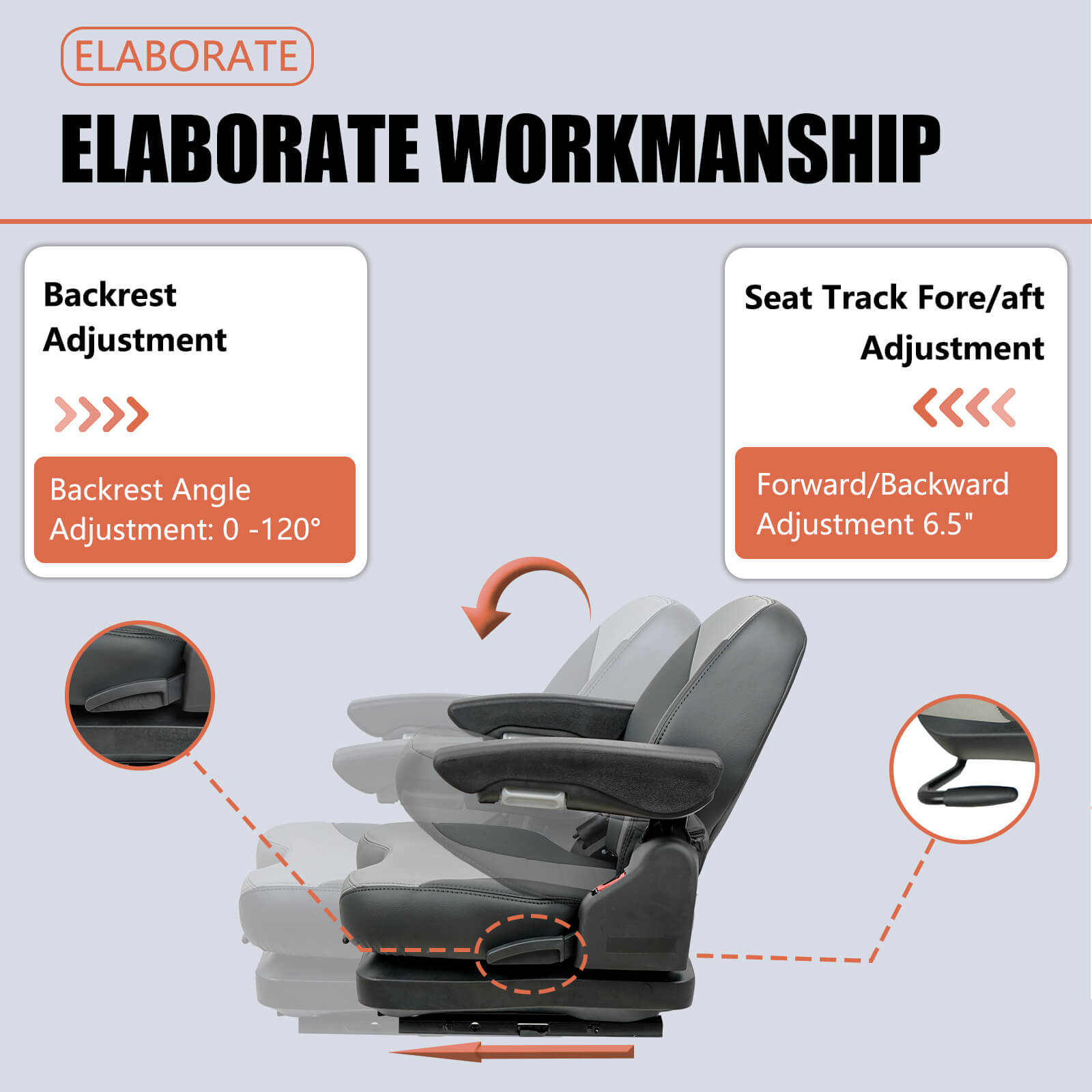 Lumina tractor suspension seat with 120-degree reclining backrest and 65-inch forward and backward slide adjustment