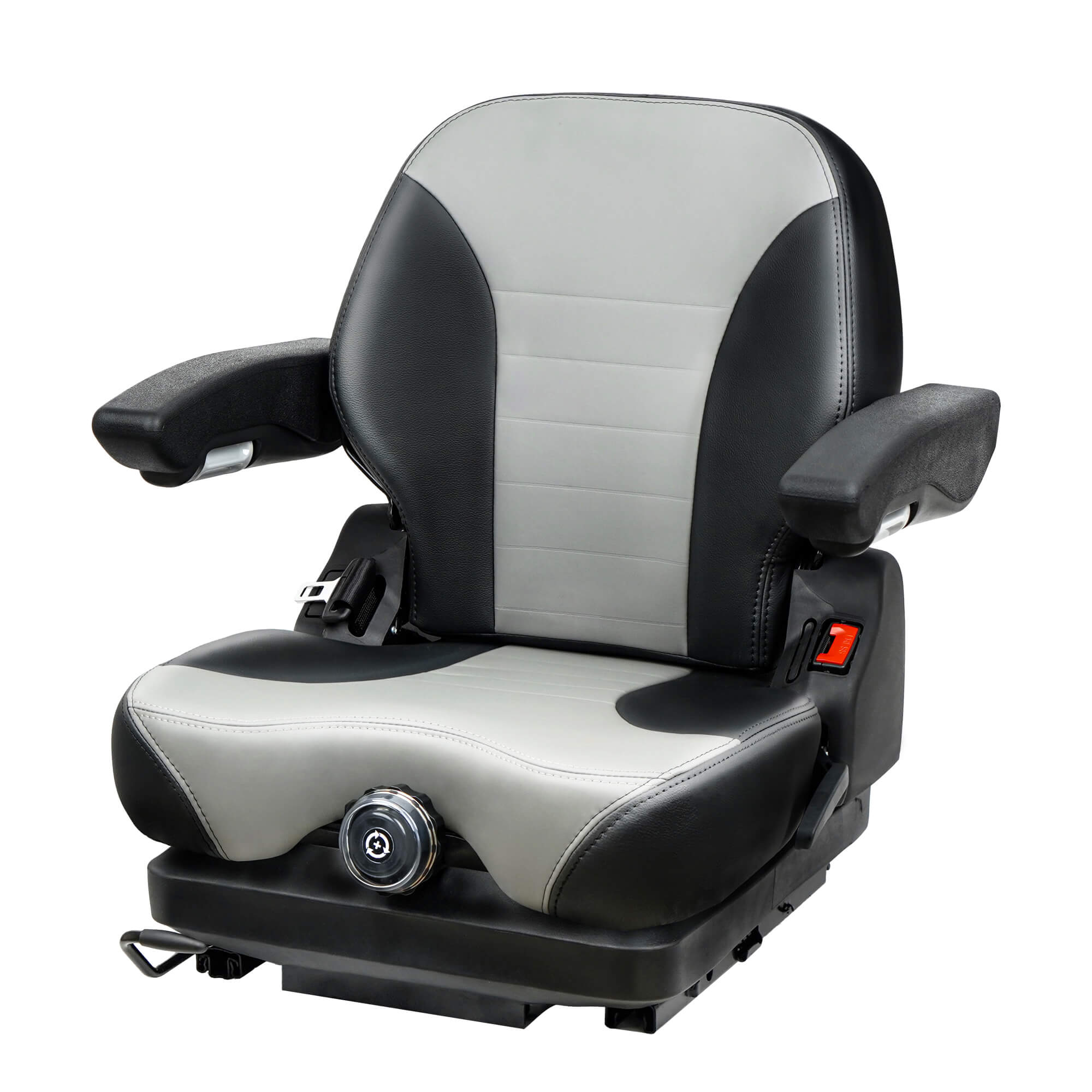 Lumina tractor suspension seat with retractable seat belt, adjustable armrests, and weight-adjustable suspension