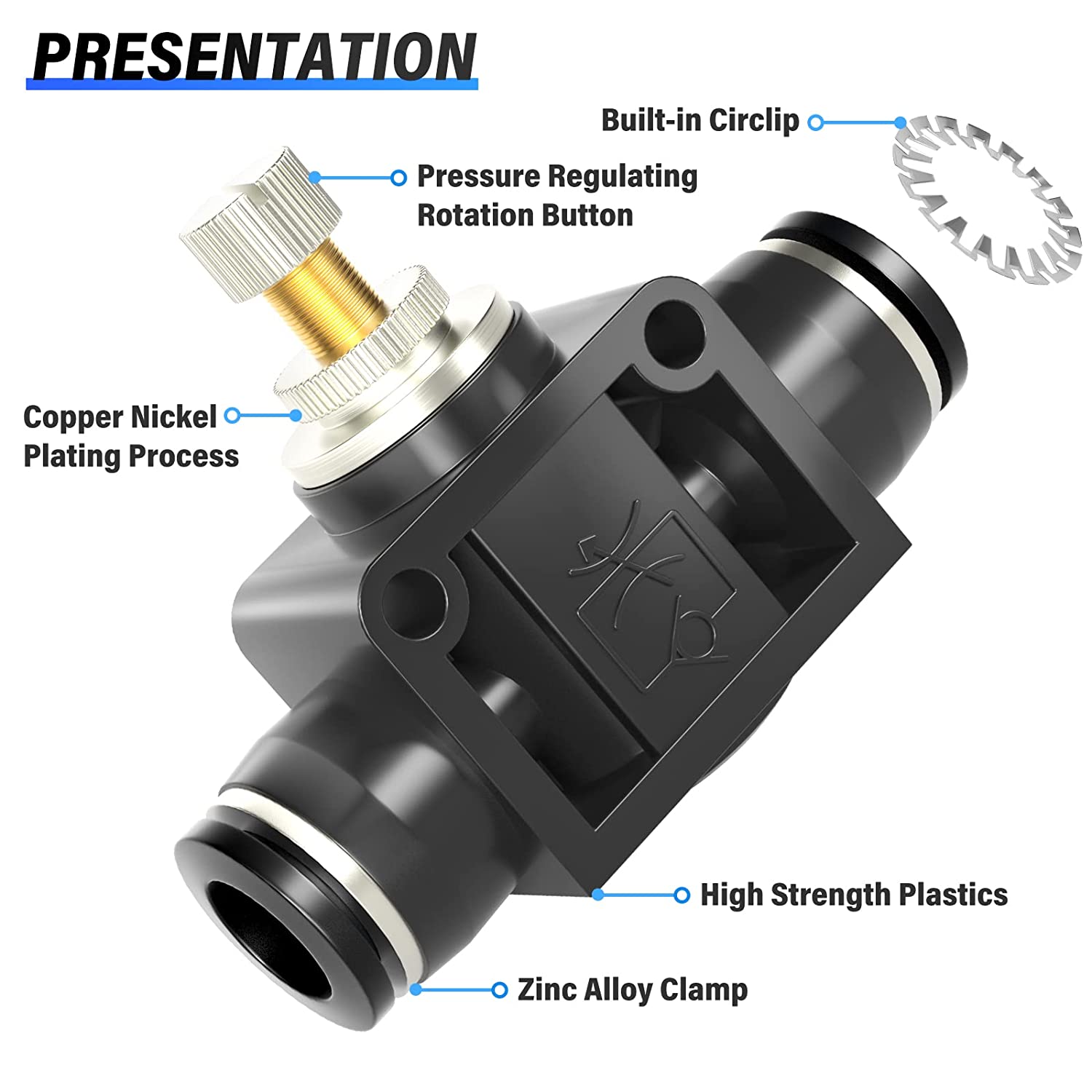 TAILONZ PNEUMATIC Vanne de contrôle du débit d'air 4 mm avec raccord push-to-connect, régulateur de vitesse en ligne droite SCF-4 (lot de 1
