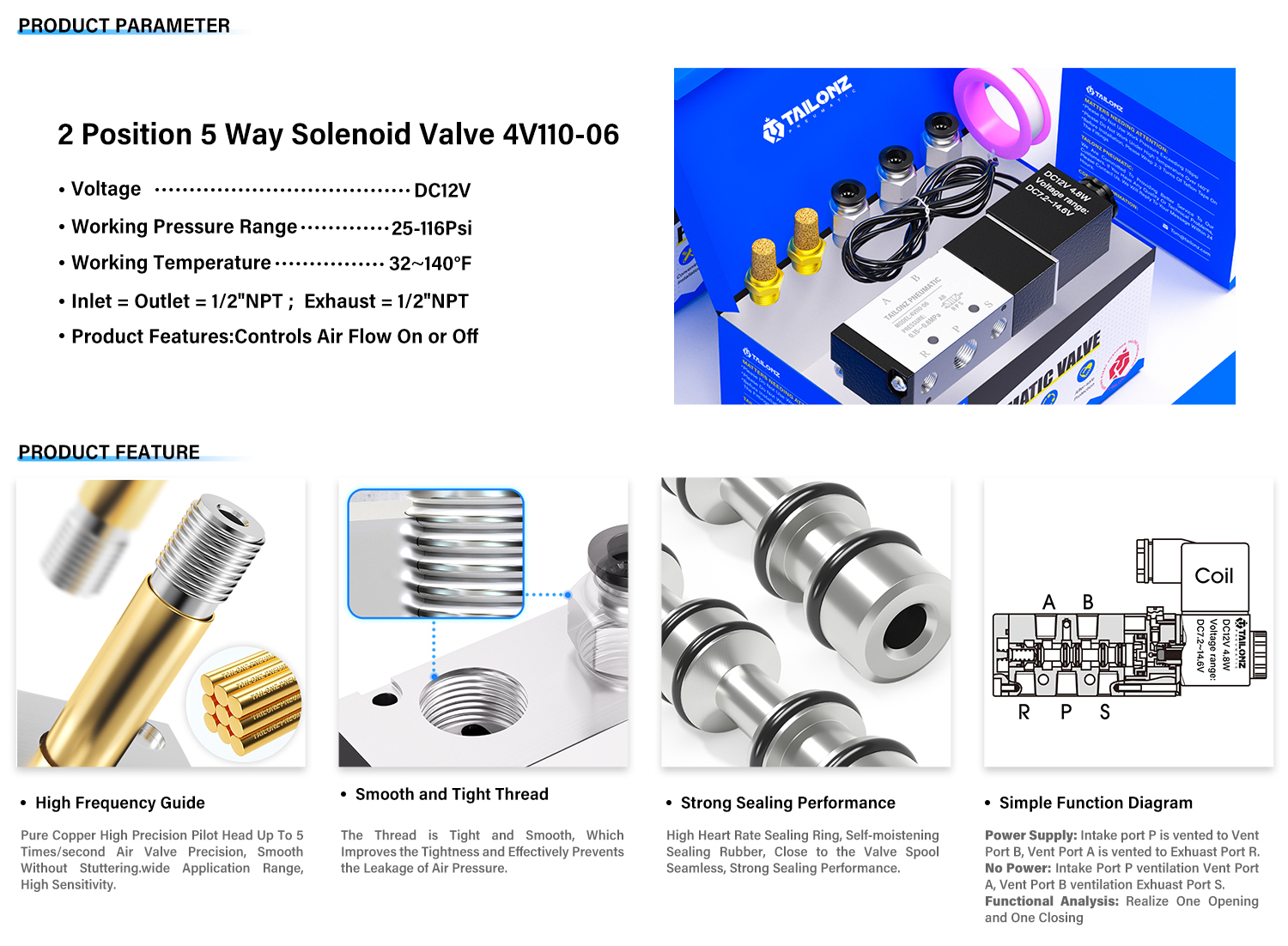 4V110-06 Air Solenoid Pneumatic Valve 5 Way Port 2 Position Gas Pneumatic 12v 24v 220v Coil Volt I.290990537