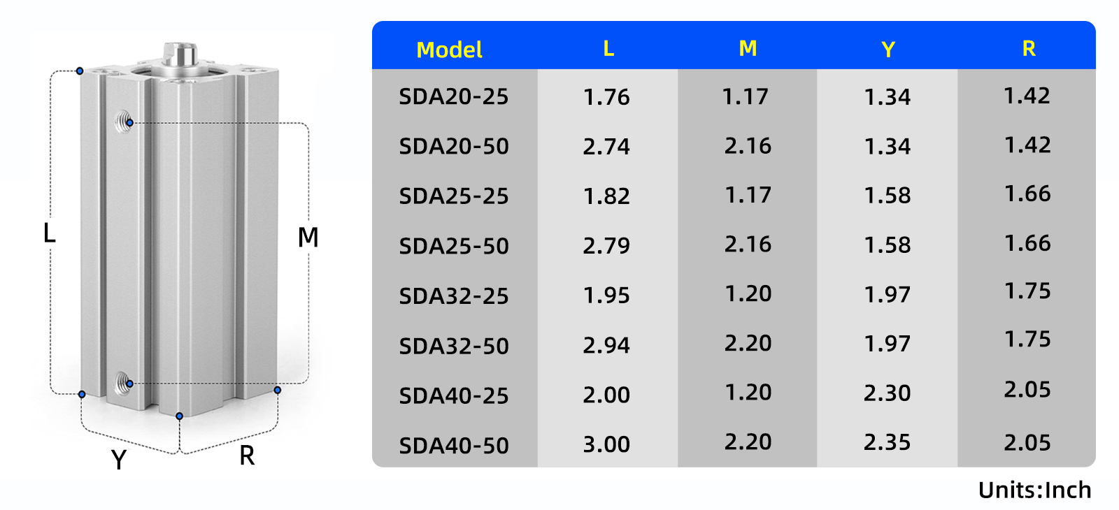 Vérin Pneumatique TAILONZ SDA50-50 - Alésage 50mm Course 50mm - Aluminium - Pression 0-1MPa