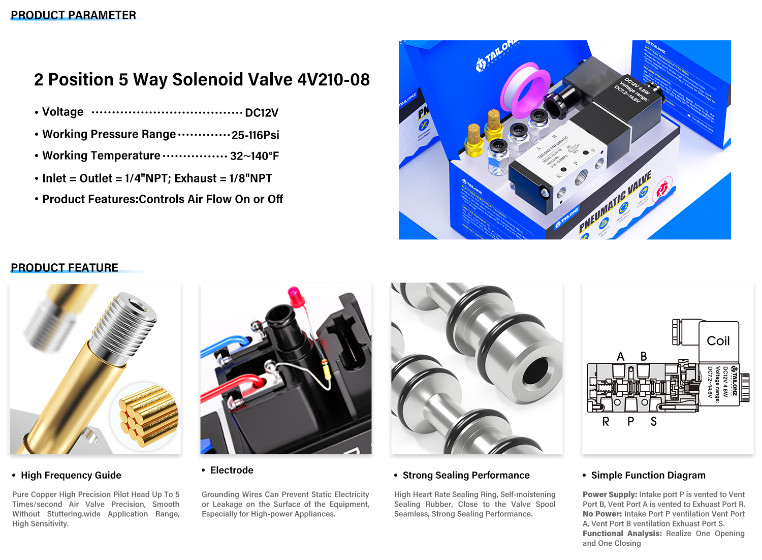 Pneumatisches Magnetventil 4V210-06 AC 24V – 2 Position 5 Wege, PT 1/8″, Normalerweise Geschlossen, Für Pneumatiksysteme Pneumatisches Magnetventil 4V210-06 AC 24V – 2 Position 5 Wege, PT 1/8″, Normalerweise Geschlossen, Für Pneumatiksysteme