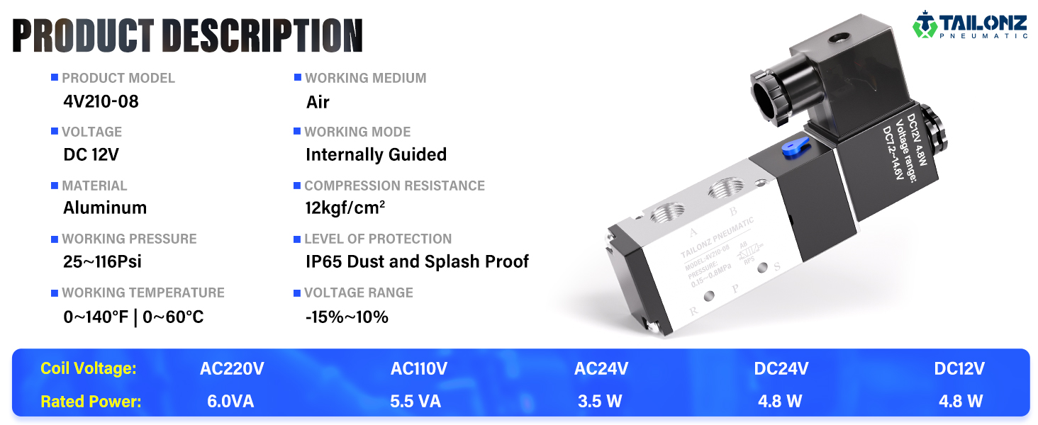 Co2 Aquarium TAILONZ PNEUMATIC 1/4 "BSP Electrovanne 12V Simple Bobine Pilotage Tuyau Air Comprimé 10mm