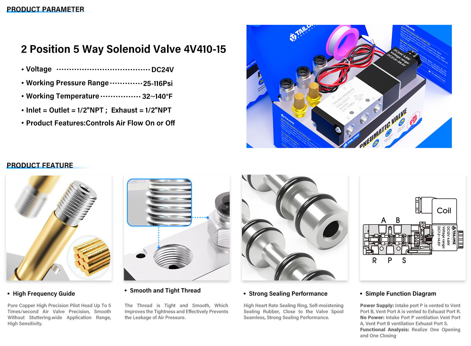 TAILONZ PNEUMATIC 1/2 BSP Magnetventil 4V410-15 24V Single Coil Pilot-Operated Electric 2 Position 5 Way Connection Type Outlet wire