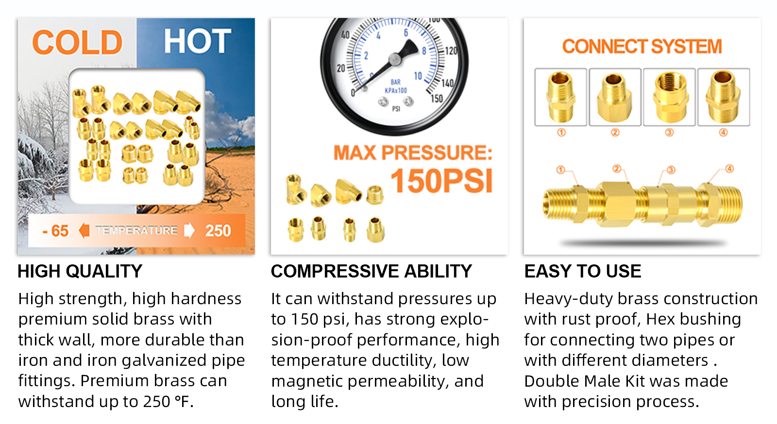 1/4 NPT Brass Pipe Fitting Hex Bushing, Reducer Adapter, Hex Nipple, 90