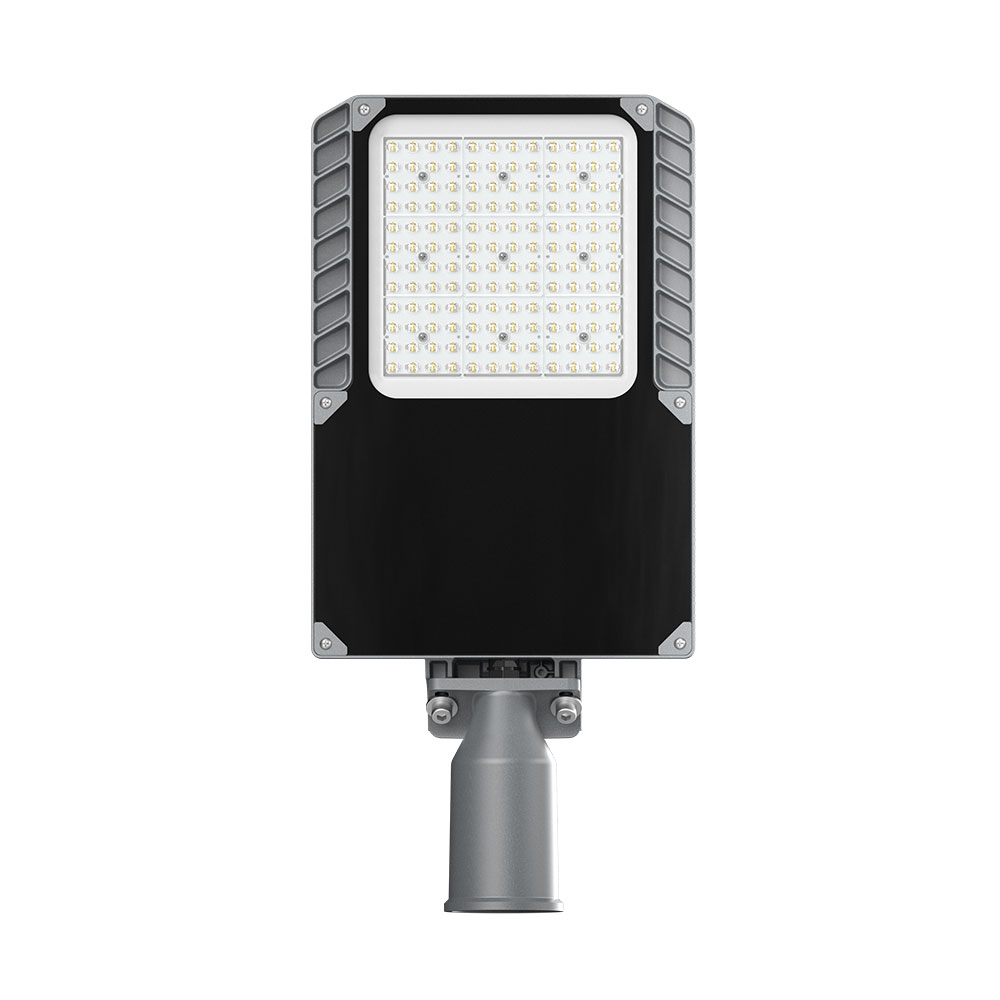 Front view of ASL28ECO 240W LED street light with high-efficiency lens and IK10-rated vandal resistant housing