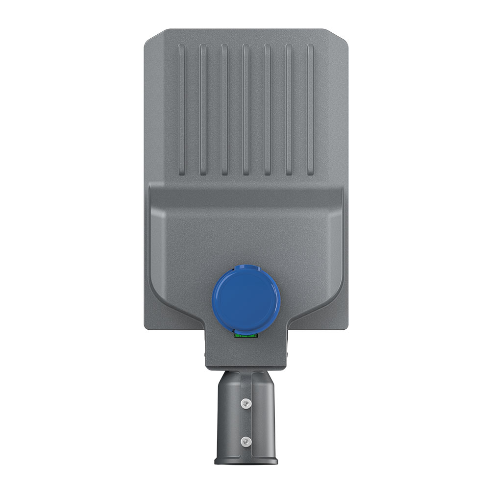 Back view of ASL28ECO LED street light with NEMA socket, IP65 waterproof casing, and IK10 vandal protection